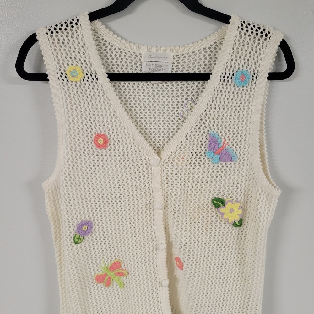 Christopher & Banks Hand Crochet Vest‎ Medium Button Front Floral Butterfly